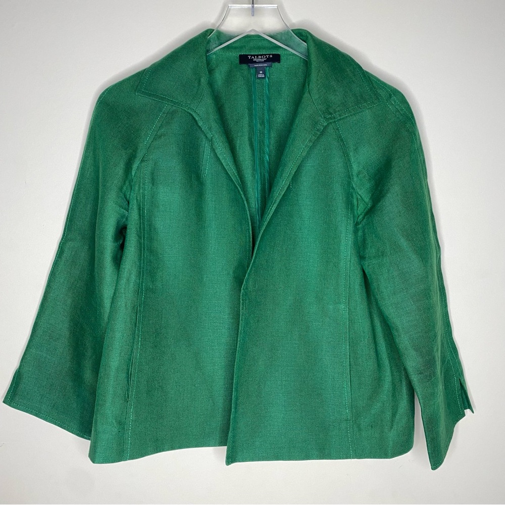 Talbots Womens Irish Linen Blazer Jacket M Petite MP Green Lined Open Front